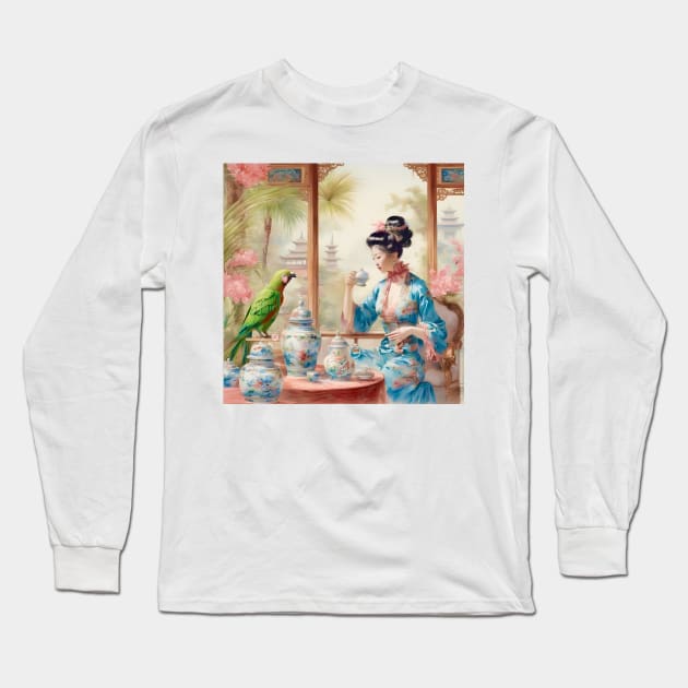 Cherry blossom in the tea Palace chinoiserie painting Long Sleeve T-Shirt by SophieClimaArt